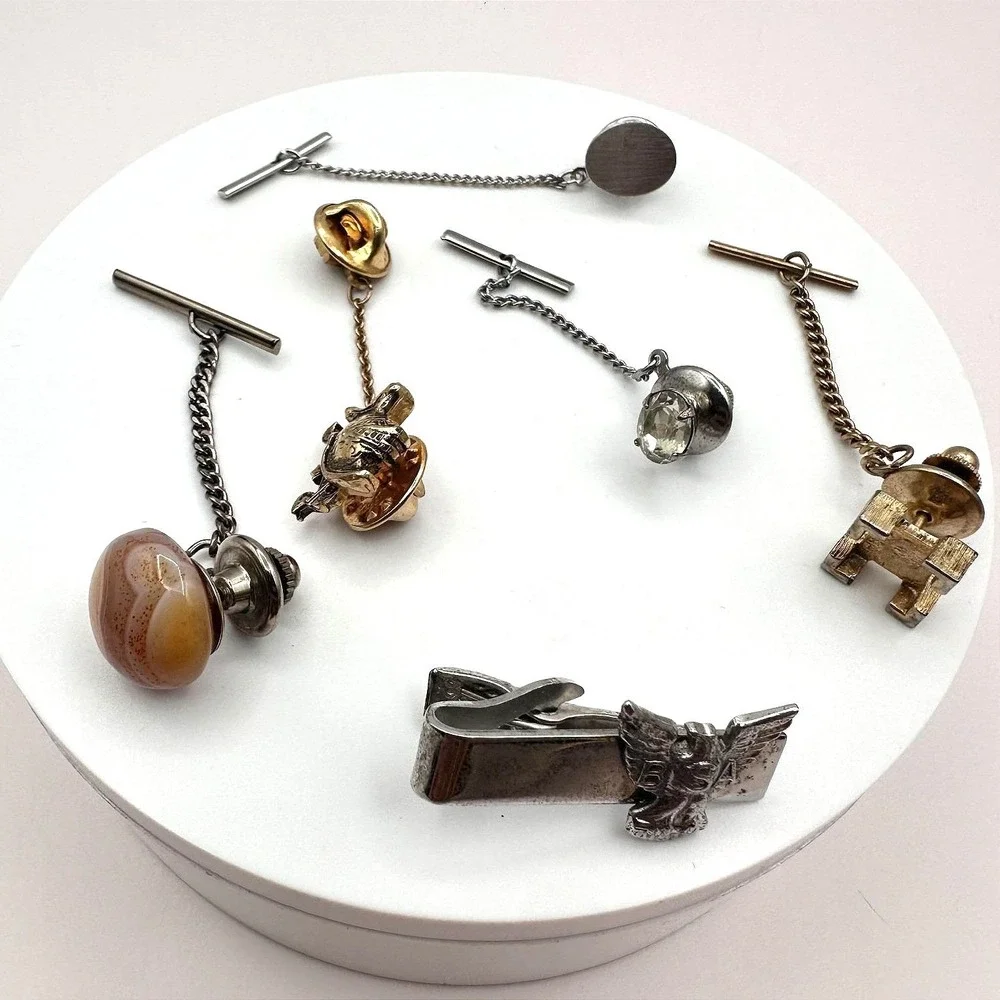 Vintage 90s‎ Men's Tie Tack Bar Set Agate Glass Eagle Gold & Silver Tone Estate